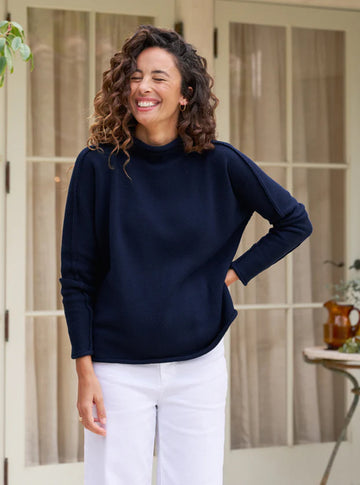 Monterey Rolled Funnel Neck Sweater in Navy