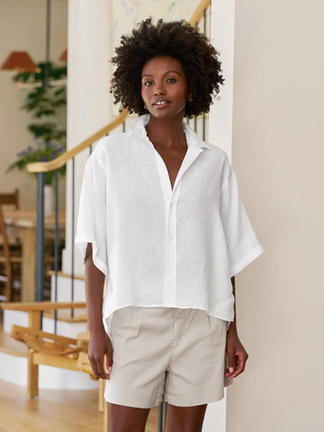 Rosie Short Sleeve Button Down in White Linen