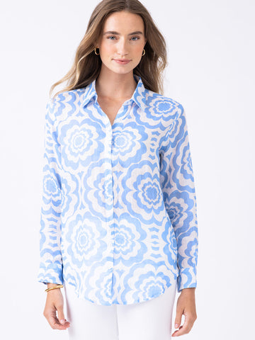 Helen Button Down in Cabana Flowers Bluebell