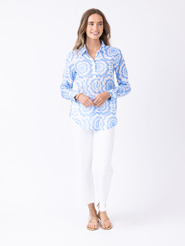 Helen Button Down in Cabana Flowers Bluebell