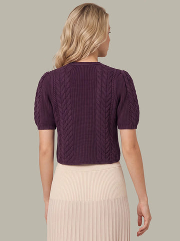 Alexandra All Over Cable Puff Sleeve Bow Cardigan in Italian Plum