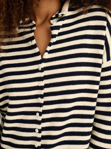 Taylor Stripped Cotton Cashmere Cardigan in Navy/Ivory