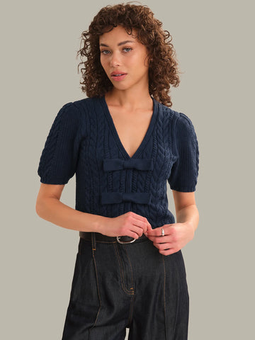 Alexandra All Over Cable Puff Sleeve Bow Cardigan in Dark Blue