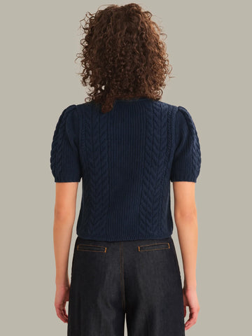 Alexandra All Over Cable Puff Sleeve Bow Cardigan in Dark Blue