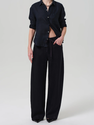 Brynn Drawstring Linen Trouser in True Navy