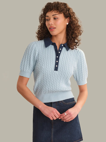Astor Denim Mix Mini Cable Short Sleeve Pullover in Winter Sky