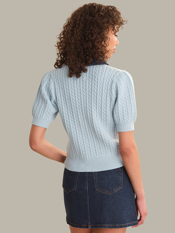 Astor Denim Mix Mini Cable Short Sleeve Pullover in Winter Sky