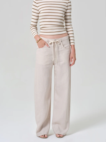Brynn Drawstring Linen Trouser in Pale Stone