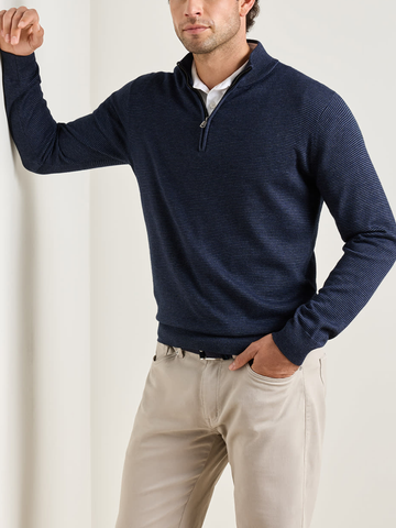Canton Stripe Quarter Zip Sweater in Midnight Navy