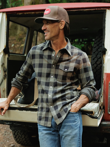 Chill Knit Pearl Snap Button-Up in Buffalo Check Black Olive