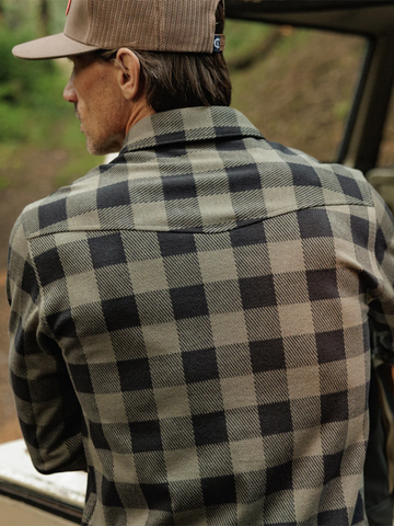 Chill Knit Pearl Snap Button-Up in Buffalo Check Black Olive
