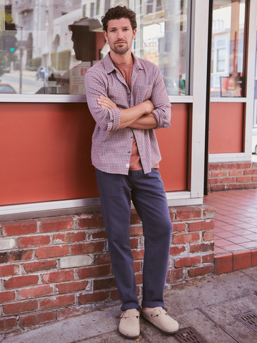 Classic Stretch Selvage Shirt Woven in Burgundy Blue Gingham