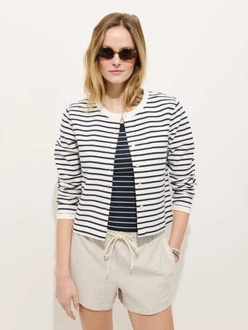 Coco Sport Striped Cardigan in Cotton in Ivory/Navy