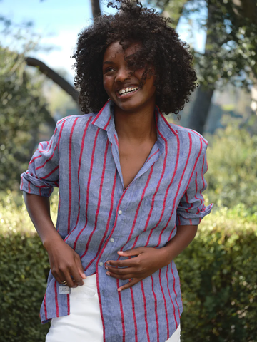 Eileen Button Up in Blue Red Textured Stripe