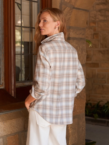 Eileen Relaxed Button-Up Shirt in Cream Grey Camel Plaid