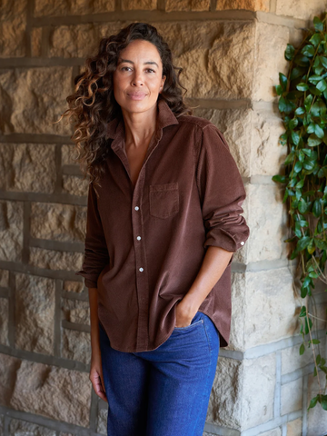 Eileen Relaxed Button-Up Shirt in Chocolate Corduroy