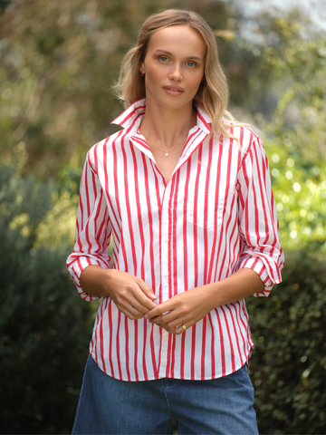 Eileen Button Up in White Red Stripe