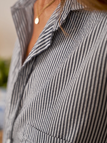 Eileen Button Up in Navy & White with Silver Stripe