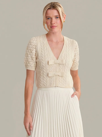 Elaine Puff Sleeve Bow Cardigan in Sea Salt