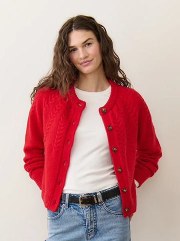 Everly Cable Knit Cardigan in Cherry Red