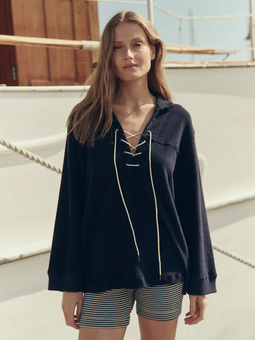 Micro Terry Lace Up Tunic Top in Navy