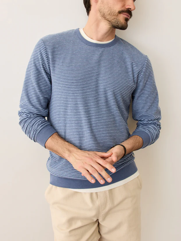 Towel Terry Crewneck in Faded Denim & China Blue Stripe