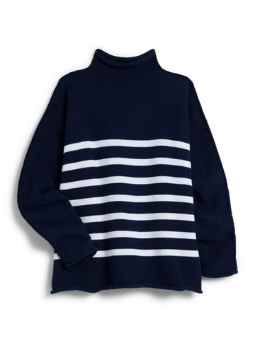 Monterey Rolled Funnel Neck Sweater in Navy White Stripe