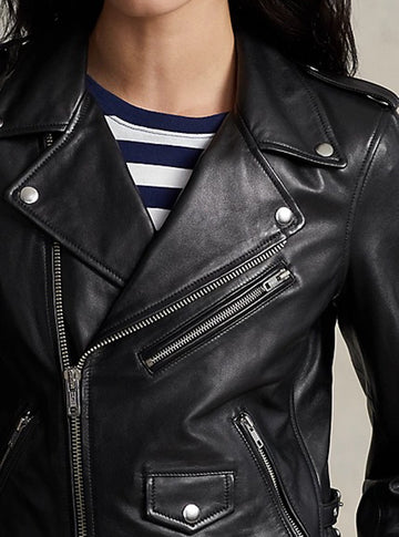 Sheepskin Leather Moto Jacket in Polo Black