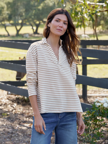 Patrick Popover Henley in Vintage White And Camel Stripe