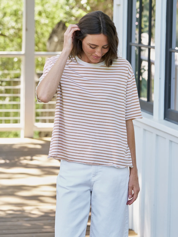 Perry NYC Crewneck Tee in Vintage White and Camel Stripe