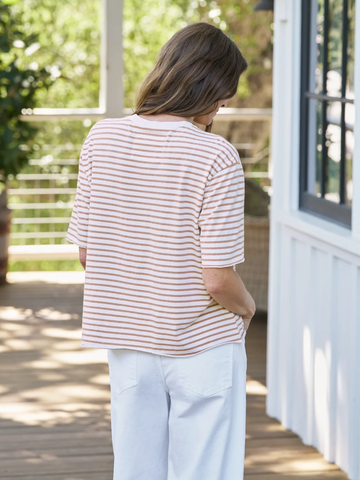 Perry NYC Crewneck Tee in Vintage White and Camel Stripe