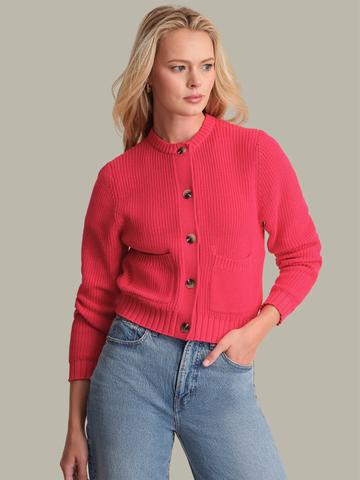 Palmer Crew Neck Cardigan in Cherry Red