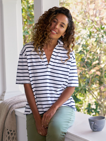 Patty Popover Henley in White Navy Stripe