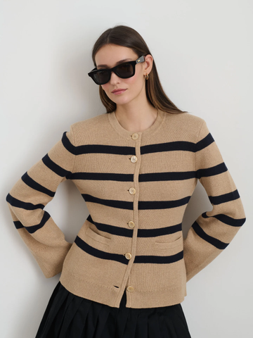 Provence Stripe Sweater Jacket in Cornsilk and Navy