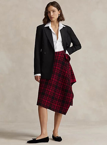 Plaid Wrap Sweater Skirt in Red/Black Plaid