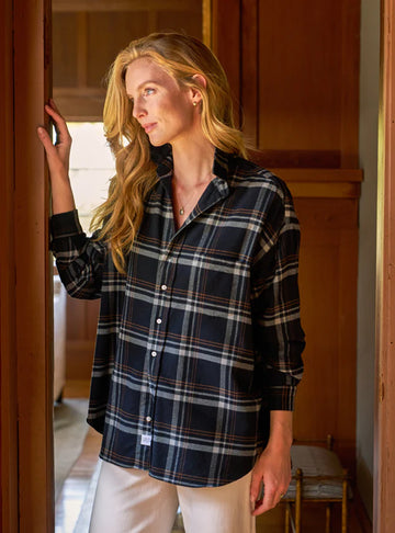 Shirley Oversized Button-Up Shirt in Black, Grey, Camel Plaid