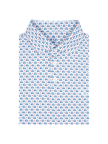 The Stars & Carts Polo in White & Short Stop Blue