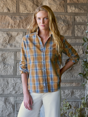 Silvio Untuckable Button-Up Shirt in Gold Blue Large Plaid