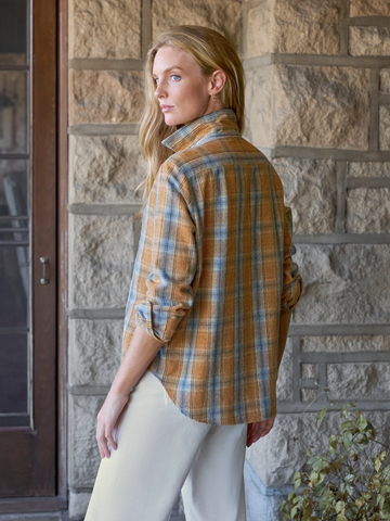 Silvio Untuckable Button-Up Shirt in Gold Blue Large Plaid