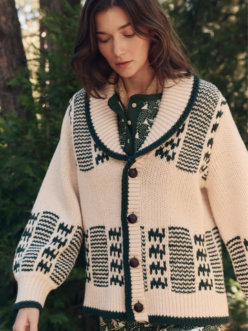The Chalet Cardigan Sweater in Cream & Forest