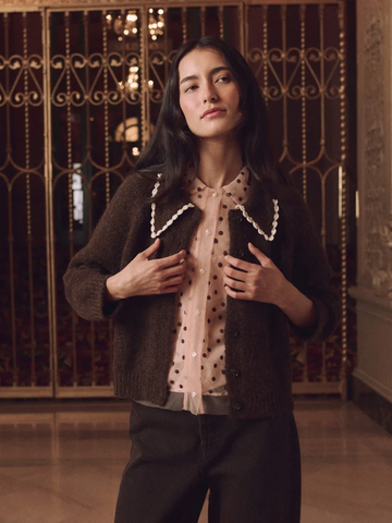 The Crochet Collar Cardigan in Chocolate Brown