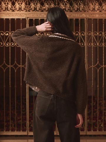 The Crochet Collar Cardigan in Chocolate Brown