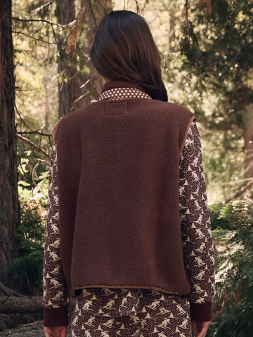 The Plush Crosswind Vest in Hickory W Chocolate Dot