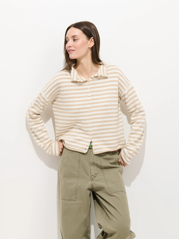 Taylor Stripped Cotton Cashmere Cardigan in Sand/Ivory