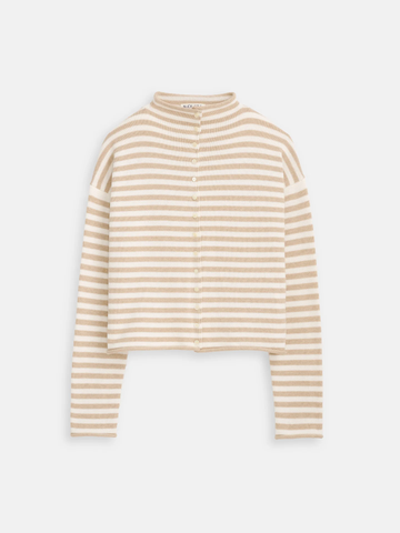 Taylor Stripped Cotton Cashmere Cardigan in Sand/Ivory