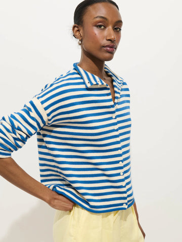 Taylor Striped Cardigan in Cotton Cashmere in Ivory/Blue
