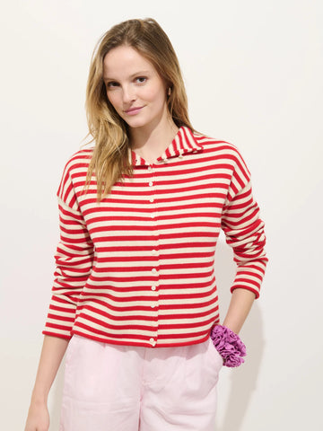 Taylor Striped Cardigan in Cotton Cashmere in Ivory/Red